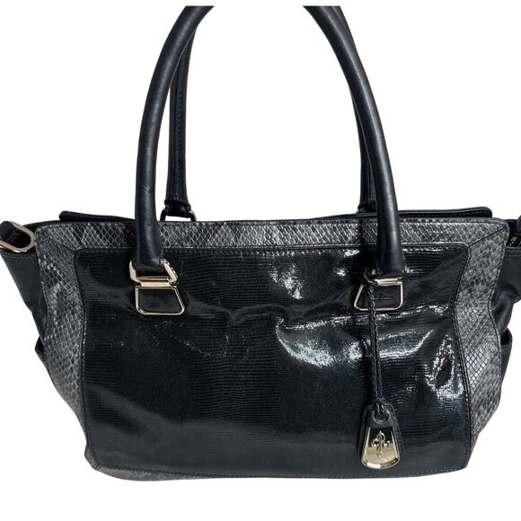 Cole Haan Black Leather & Snakeskin Tote Bag With Gold Hardware & Red Lining - Picture 1 of 10
